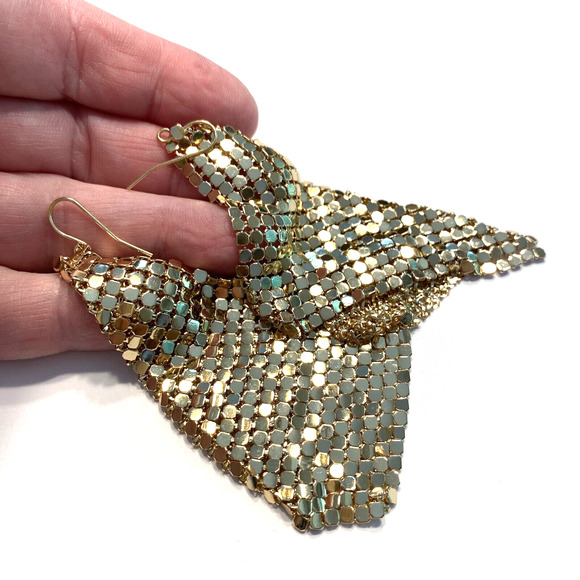 Vintage Pierced Earrings Liquid Gold Tone Mesh Fluid Look Dangle & Drop Disco - Picture 5 of 6